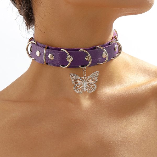 Purple Polystyrene & Silver-Plated Butterfly Choker Necklace on Sale