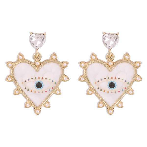 White Enamel & Crystal Pearl 18K Gold-Plated Eye Heart Drop Earrings For Sale