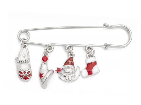 Silver-Plated & Red Christmas Charm Brooch on Sale