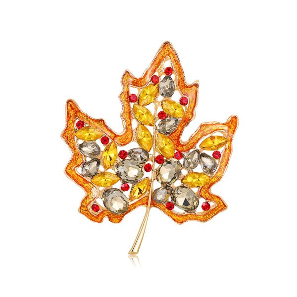 Yellow Crystal & Red Cubic Zirconia Maple Brooch Fashion