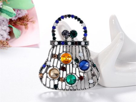 Blue Crystal & Silver-Plated Open Handbag Brooch Hot on Sale