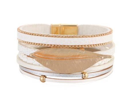 White Polystyrene & 18K Gold-Plated Bead Line Leaf-Charm Layered Bangle Online Sale