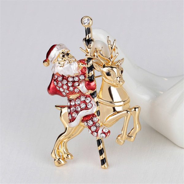 Cubic Zirconia & 18K Gold-Plated Santa Claus & Reindeer Brooch Discount