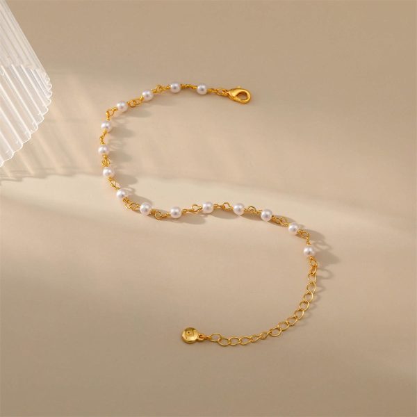 White Pearl & 18K Gold-Plated Round Station Anklet on Sale