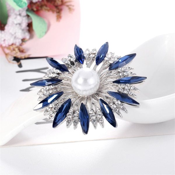 Blue Crystal & Cubic Zirconia Pearl Silver-Plated Sunflower Brooch Hot on Sale