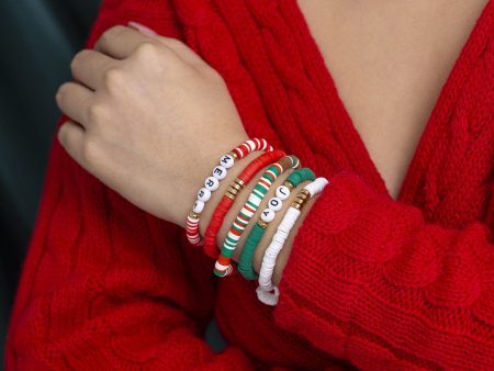 Green & Red  Merry   Joy  Beaded Stretch Bracelet Set For Cheap