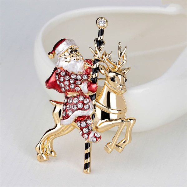 Cubic Zirconia & 18K Gold-Plated Santa Claus & Reindeer Brooch Discount