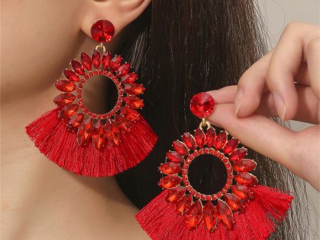 Red Polyster & Cubic Zirconia Crystal Round Tassel Drop Earrings Fashion