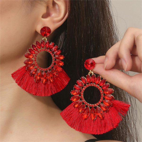 Red Polyster & Cubic Zirconia Crystal Round Tassel Drop Earrings Fashion