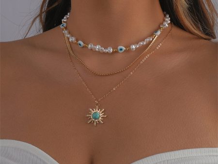 Turquoise & Pearl 18K Gold-Plated Sun Pendant Necklace Set Fashion