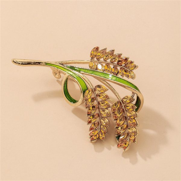 18K Gold-Plated Crystal & Green Enamel Wheat Brooch on Sale