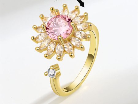 Pink Crystal & Cubic Zirconia 18K Gold-Plated Rotating Sunflower Open Ring For Sale