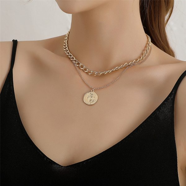 18K Gold-Plated Cuban Chain Coin Pendant Layered Necklace For Sale