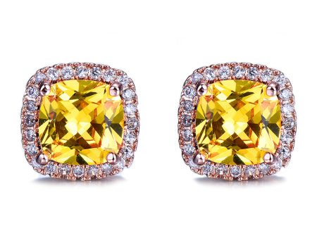 Yellow Princess Crystal & 18K Rose Gold-Plated Halo Stud Earrings For Sale