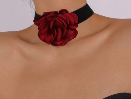 Red Polyster & Silver-Plated Rose Choker Necklace Fashion