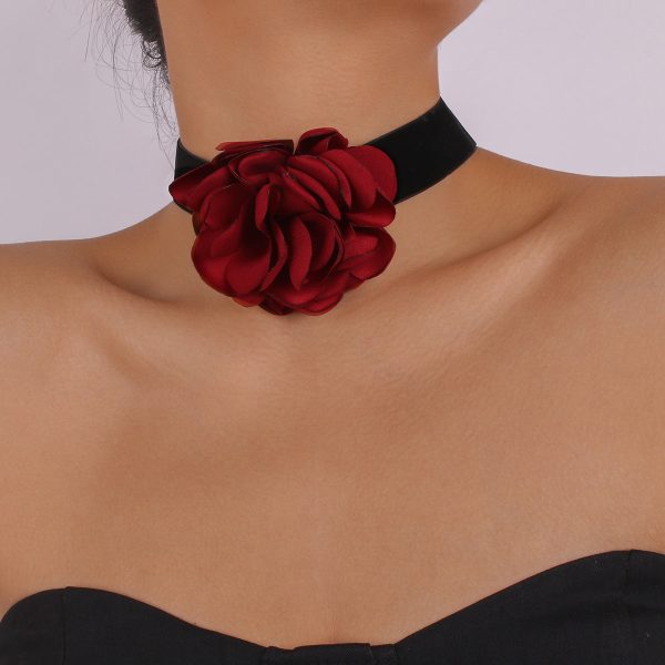 Red Polyster & Silver-Plated Rose Choker Necklace Fashion