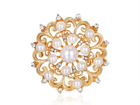 Clear Cubic Zirconia & Pearl 18K Gold-Plated Round Floral Brooch For Discount