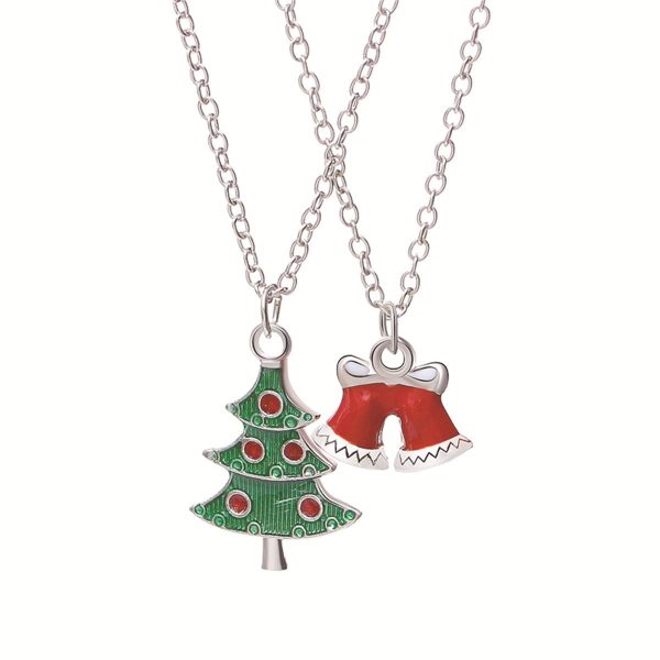 Green Silver-Plated Christmas Tree & Bells Pendant Necklace Set Supply