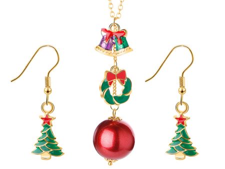 Green & 18K Gold-Plated Christmas Tree Earrings & Wreath Pendant Necklace Supply