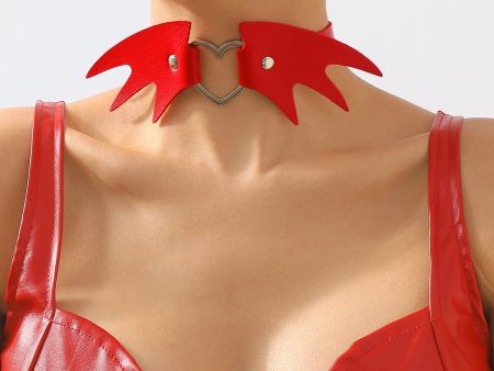 Red Polyurethane & Silver-Plated Bat Wing Heart Choker Necklace Fashion