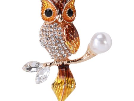 Brown Enamel & Crystal Cubic Zirconia 18K Gold-Plated Owl Brooch Supply