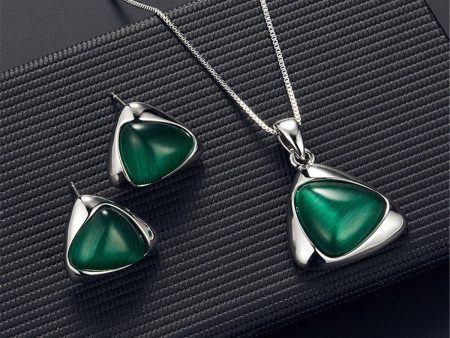 Green & Silver-Plated Triangle Pendant Necklace & Stud Earrings Discount