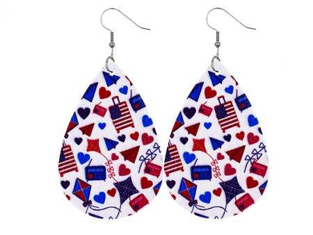 White & Blue Polystyrene Patriotic Teardrop Drop Earrings Hot on Sale