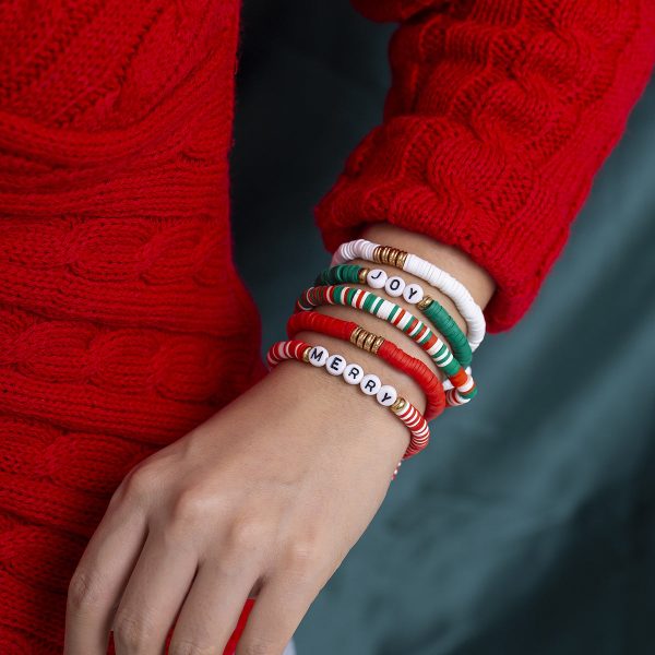 Green & Red  Merry   Joy  Beaded Stretch Bracelet Set For Cheap