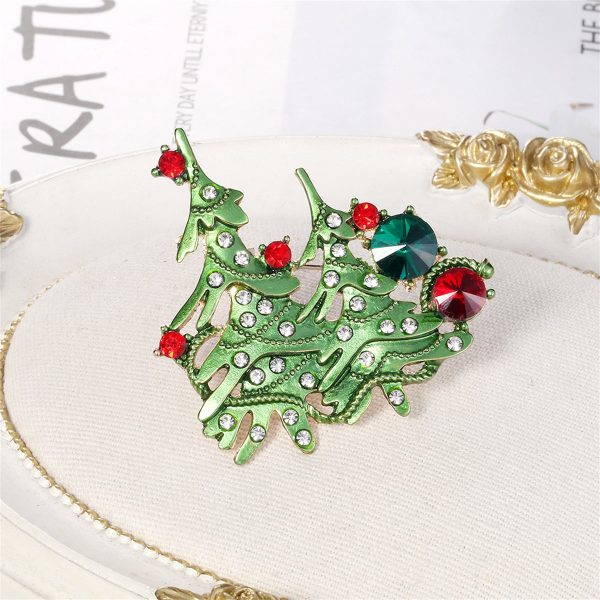 Clear Cubic Zirconia & Green Enamel Christmas Tree Brooch on Sale