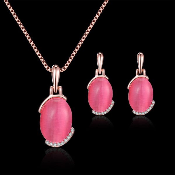 Dark Pink Cats Eye & 18K Rose Gold-Plated Pendant Necklace & Stud Earrings Set For Cheap