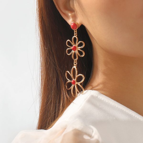 Red Turquoise & 18K Gold-Plated Open Flowers Dangle Earring Cheap