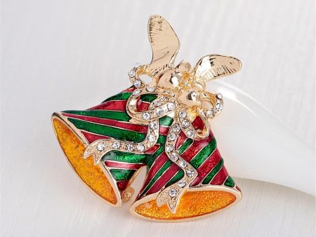 Cubic Zirconia & 18K Gold-Plated Christmas Bells Brooch Online now