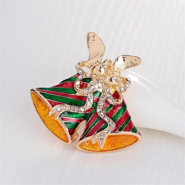 Cubic Zirconia & 18K Gold-Plated Christmas Bells Brooch Online now