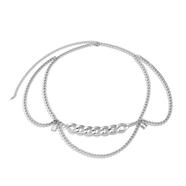 Silver-Plated Lock Layered Curb Waist Chain Discount