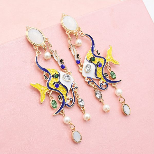 Yellow & Blue Enamel 18K Gold-Plated Fish Drop Earrings For Sale