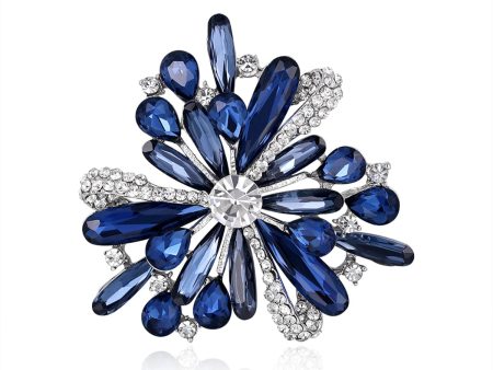 Blue Crystal & Silver-Plated Floral Brooch For Cheap