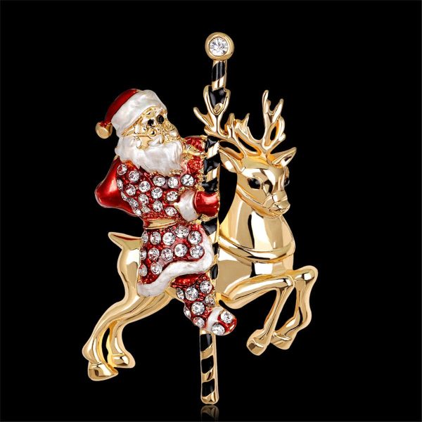 Cubic Zirconia & 18K Gold-Plated Santa Claus & Reindeer Brooch Discount