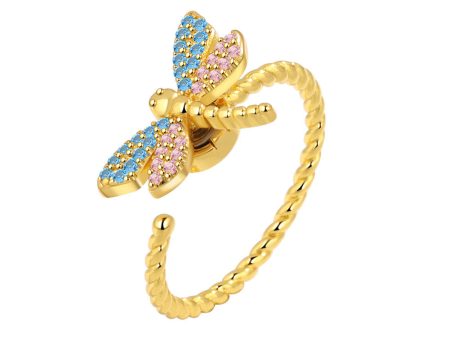 Pink Cubic Zirconia & 18K Gold-Plated Rotating Dragonfly Open Ring on Sale