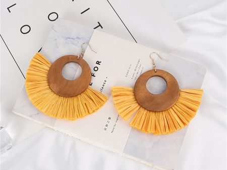 Yellow Raffia & Wood Fan Drop Earrings Sale