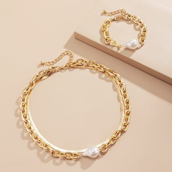 Pearl & 18K Gold Plated Snake Chain Necklace & Bracelet For Cheap