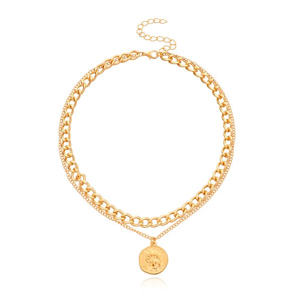 18K Gold-Plated Cuban Chain Coin Pendant Layered Necklace For Sale