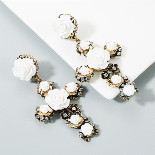 White Resin & Cubic Zirconia Rose Cross Drop Earrings Online Sale