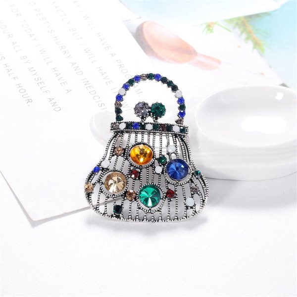 Blue Crystal & Silver-Plated Open Handbag Brooch Hot on Sale