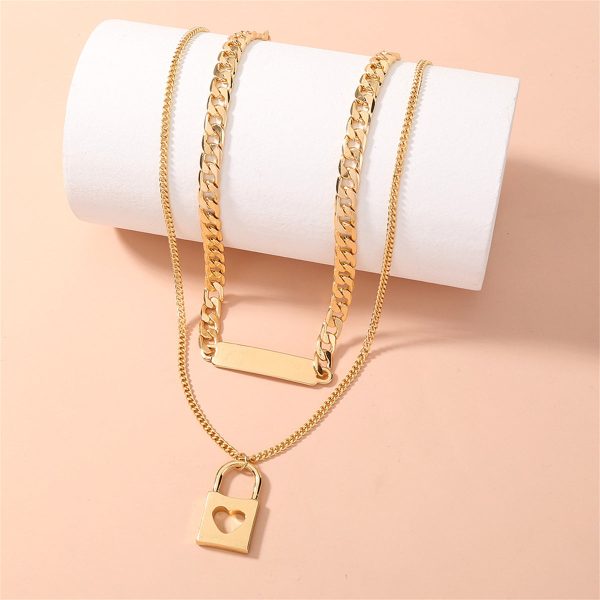 18K Gold-Plated Bar & Heart Lock Necklace Set Online now