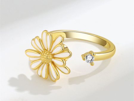 White Enamel & 18K Gold-Plated Cubic Zirconia-Accent Rotatable Mum Open Ring on Sale