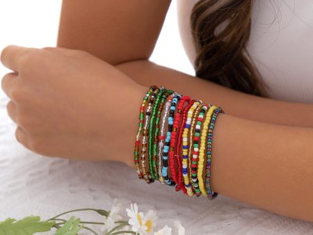 Green & Red Beaded Stretch Bracelet Set Hot on Sale