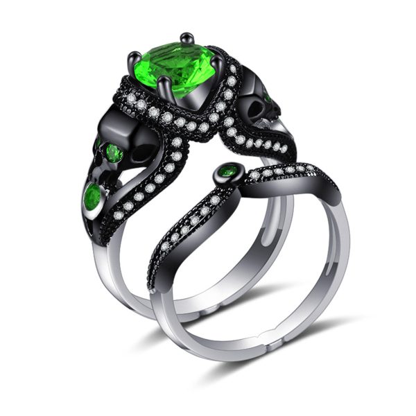 Green Crystal & Cubic Zirconia Skull Heart Ring Set Fashion