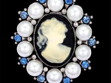 Blue Cubic Zirconia & Silver-Plated Cameo Brooch For Discount