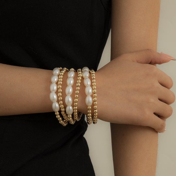 Pearl & 18K Gold Plated Beaded Stretch Bracelet Set Online