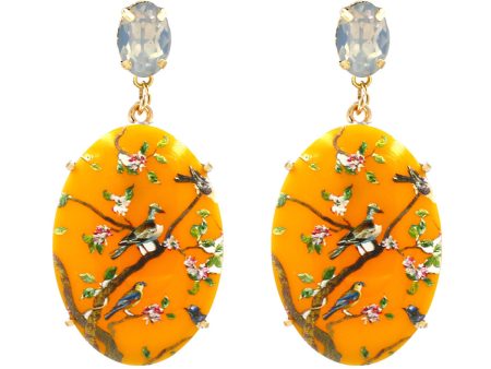 Yellow Crystal & 18K Gold-Plated Bird Branch Oval Drop Earrings Cheap